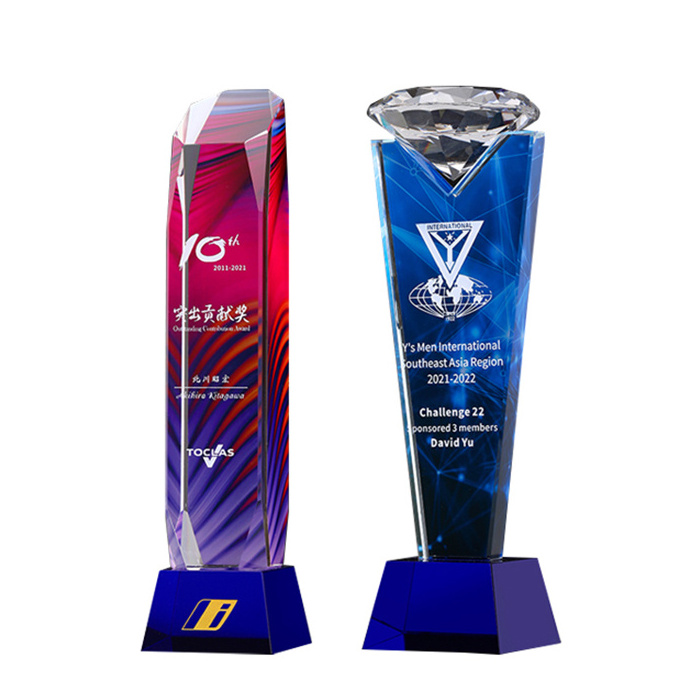 Custom Brand Name Diamond Top Sports Events Outstanding Employees Sublimation 3D K9 Crystal Trophy Award For Vip Souvenir Gifts