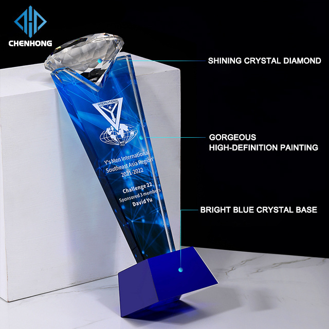 Custom Brand Name Diamond Top Sports Events Outstanding Employees Sublimation 3D K9 Crystal Trophy Award For Vip Souvenir Gifts