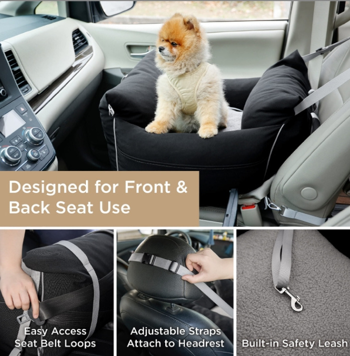 Small Dog Car Seat Cover Pet Backseat Covers For Small Dogs Sherpa Dog Booster Seat with Storage Pockets Clip-On Safety Leash