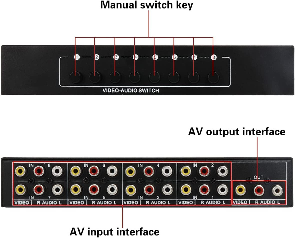 8x1 AV Switch RCA Switcher 8 in 1 Out Composite Video L/R Audio Selector Box