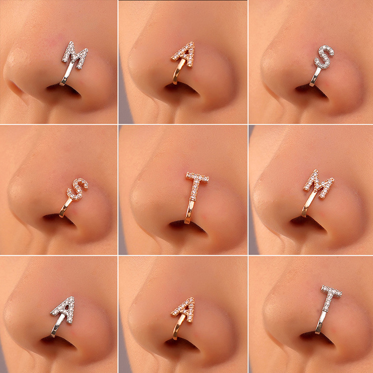 Fashion Hot New Golden Silver Free Perforated Copper Inlaid Zircon Letter U-shaped Nose Clip Nose Ring For Women