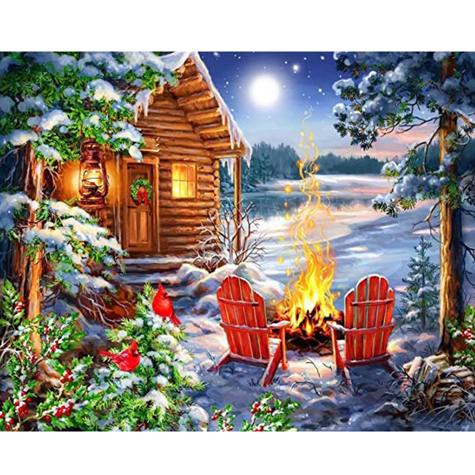 Painting By Numbers Kits Snow House Diy Crafts Acrylic Paint On Numbers For Adults Beginner For Home Wall Arts 40x50cm