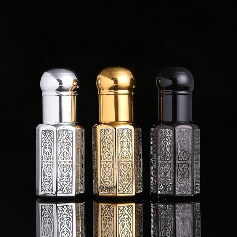 CJ-New Design Screw Cap 3ML 6ML 12ML Gold Octagon Roll on  Attar Glass Essential Oil Bottle For Perfume Oud Oil