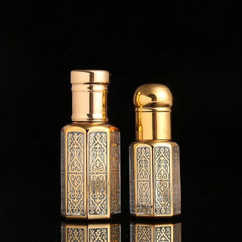 CJ-New Design Screw Cap 3ML 6ML 12ML Gold Octagon Roll on  Attar Glass Essential Oil Bottle For Perfume Oud Oil