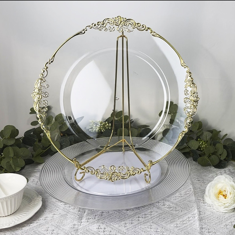 Cheap Bulk Baroque Style Acrylic Clear Charger Plates With Gold Rim Wedding Decorative Plate