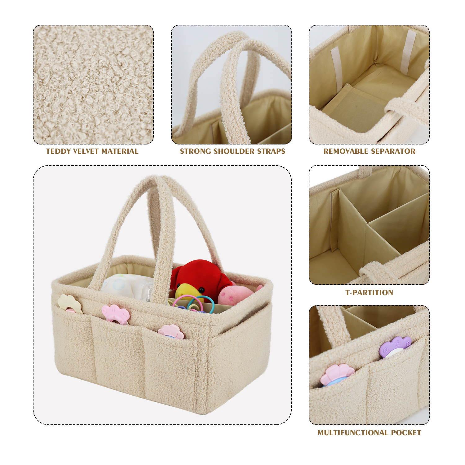 Portable Wholesale Nursery Baby Essentials Luggage Basket Khaki Teddy Fabric Diaper Caddy Travel Bag