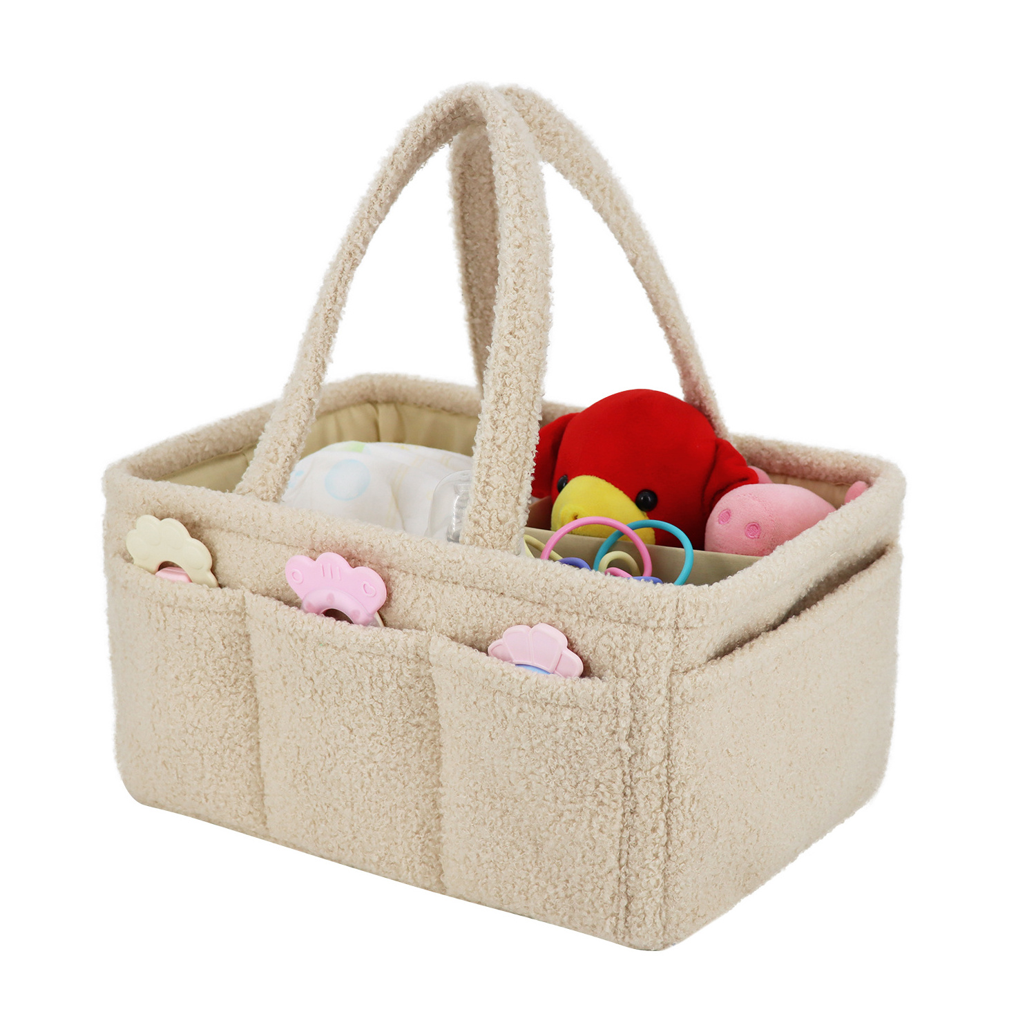 Portable Wholesale Nursery Baby Essentials Luggage Basket Khaki Teddy Fabric Diaper Caddy Travel Bag