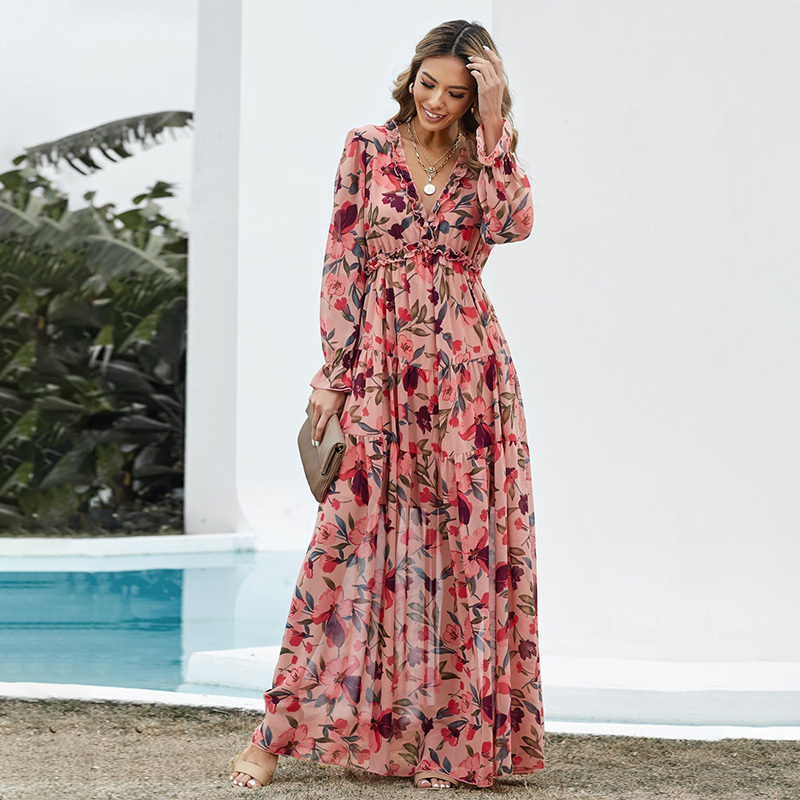 Vestidos Mujer Clothing Bulk Wholesale Women Tiered Pleat Elegant Floral Printing Casual Boho Long Sleeve Maxi Dress Ladies