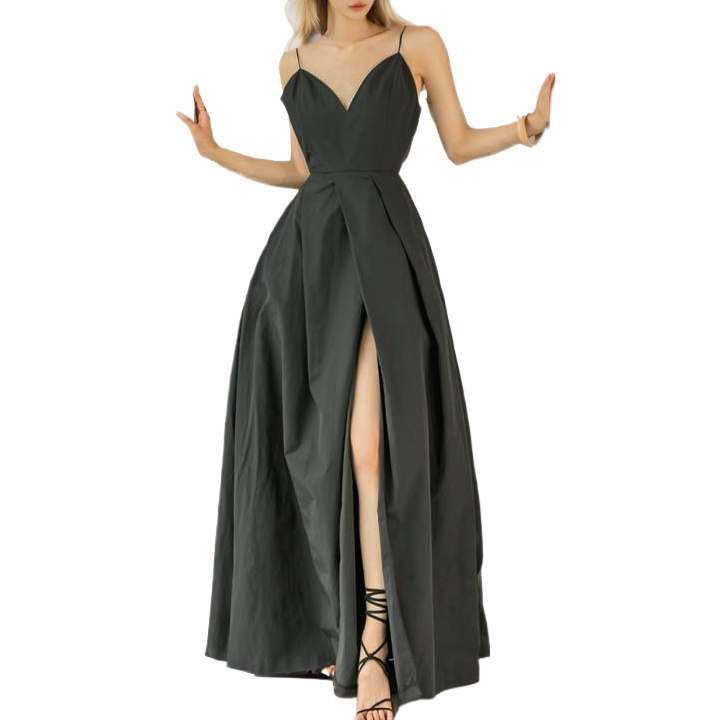 Custom Oem Factory Luxury Sexy Halter Dresses Elegant Party Dress Stylish Deep V-Neck Halter Solid Slit Color Evening Dress