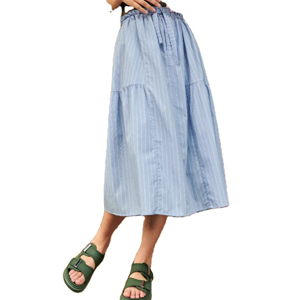 Custom Women White Stripe Print Maxi Skirt Flared Casual A-Line Umbrella Skirt Long Summer Beach Belt Skirts