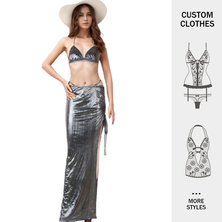 Custom Triangle Bikinis skirts Piece Swimwear Halter Bikini Set Solid Sexy Sequined reflective Beachwear With Wrap Cover Up