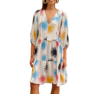 Bohemian Sun Summer Print V Neck Long Sleeve Women Beach Holiday Vintage Vacation Beach Midi Sundress Hawaiian Dress