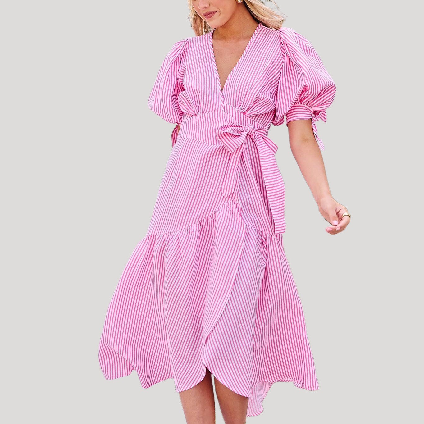 Fashion Custom Casual White Cotton Puff Sleeve Wrap A Line Boho Waist Tie Stripe Print Ruffled Midi Dress