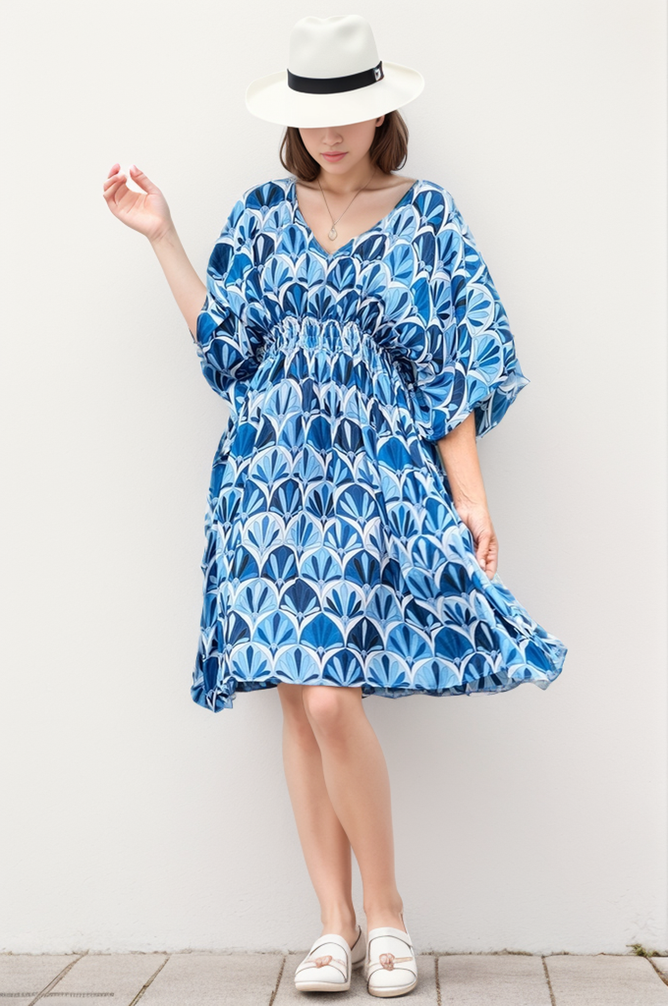 Customized Fashion Sexy Elegant Polyester Blue Printed Waisted Vacation Beach Loose Big Mom Women's Dresses