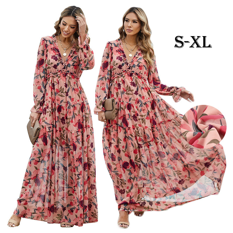 Vestidos Mujer Clothing Bulk Wholesale Women Tiered Pleat Elegant Floral Printing Casual Boho Long Sleeve Maxi Dress Ladies