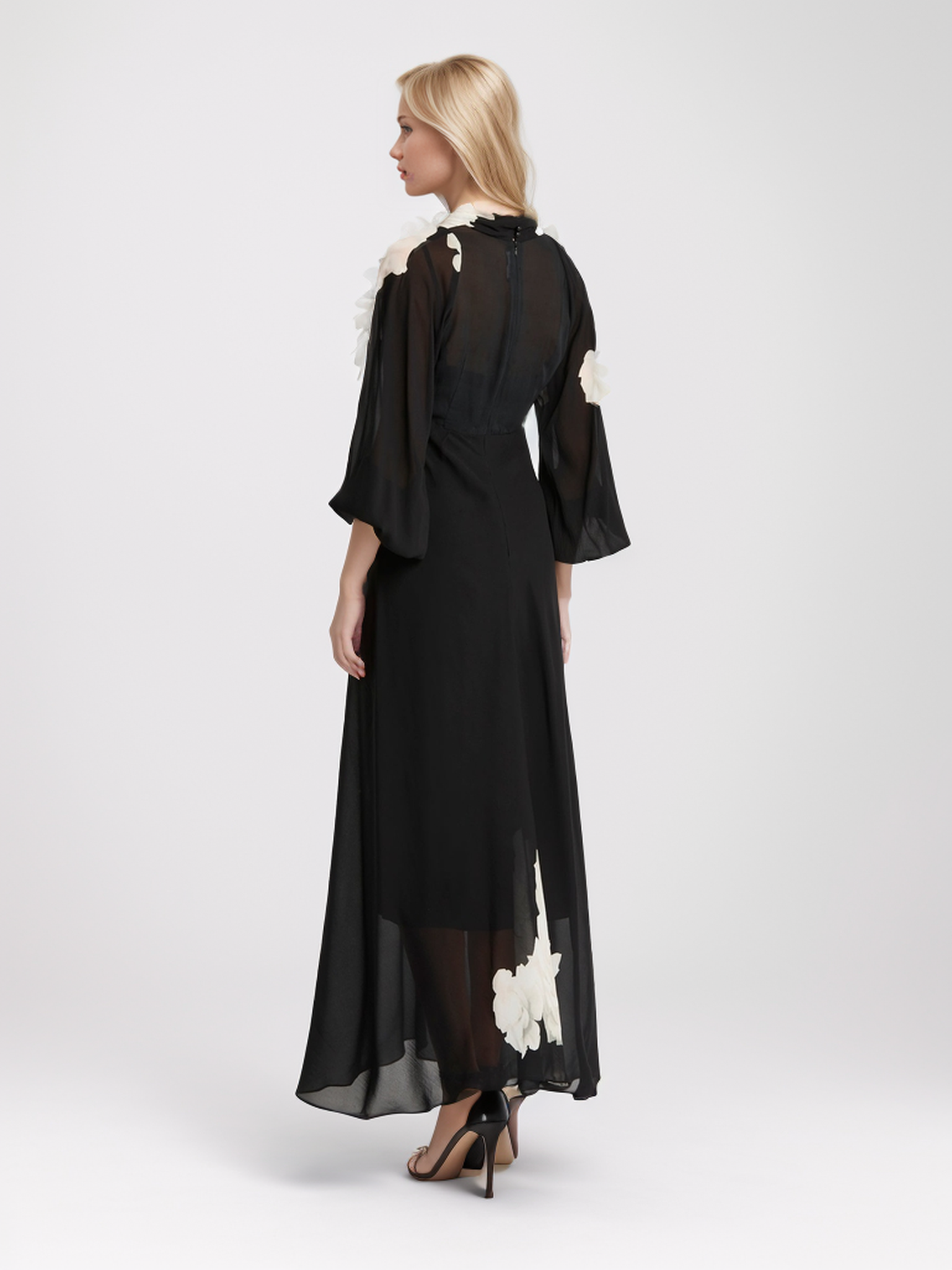 OEM Fashion Sexy Elegant Casual Vacation Black Tulle Printed Midi Sleeve Deep V Neck See Through Women's Long Dresses