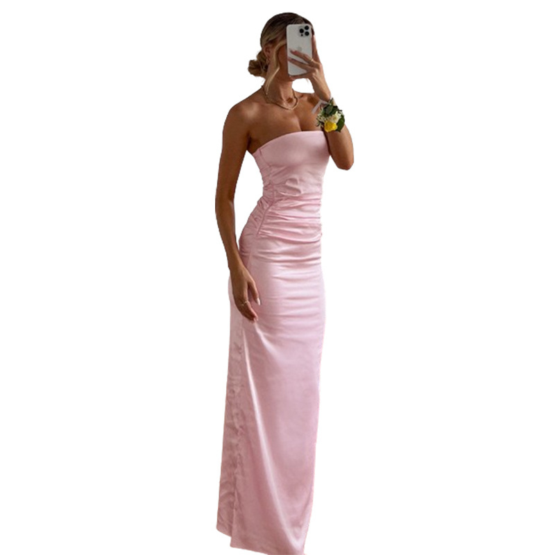 Customized Sexy Elegant Formal Dinner Pink Satin Silk Fabric Strapless Waist Pleated Slim Women's Party Long Dresses