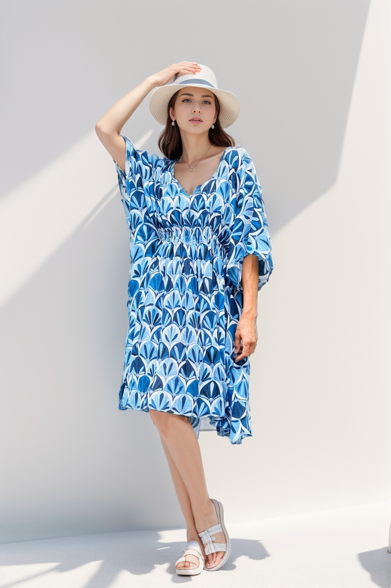 Customized Fashion Sexy Elegant Polyester Blue Printed Waisted Vacation Beach Loose Big Mom Women's Dresses