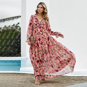 Vestidos Mujer Clothing Bulk Wholesale Women Tiered Pleat Elegant Floral Printing Casual Boho Long Sleeve Maxi Dress Ladies