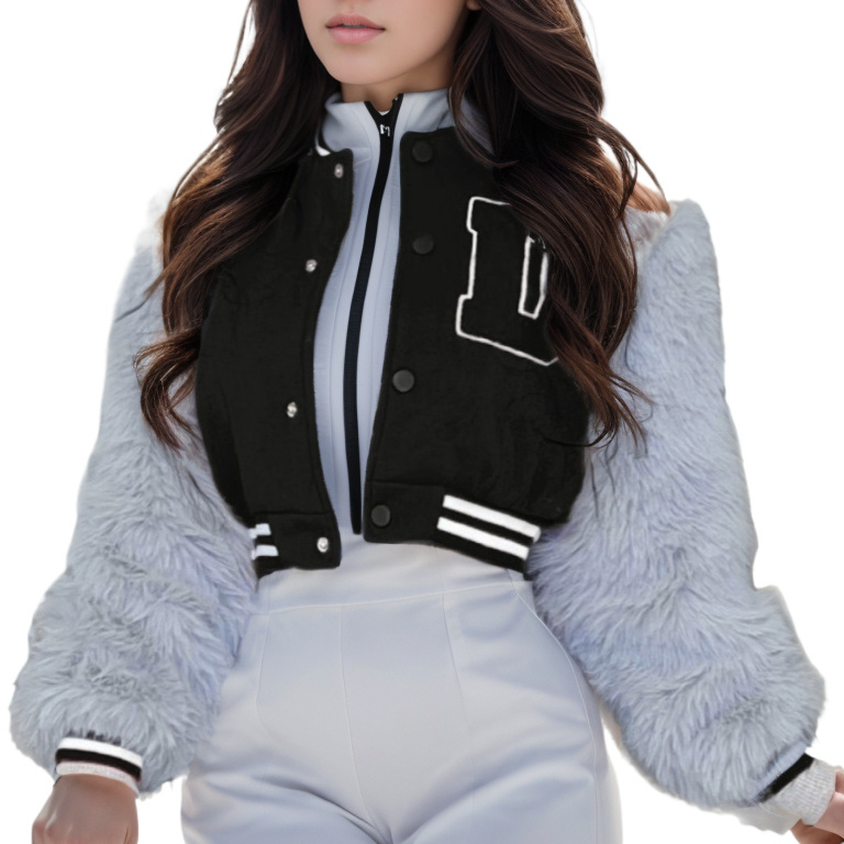 Custom Logo Fashion Jacket Winter Wear Womans Patchwork Furry Sleeve Varsity Jacket Women Outdoor Wear Crop Baseball Jacket