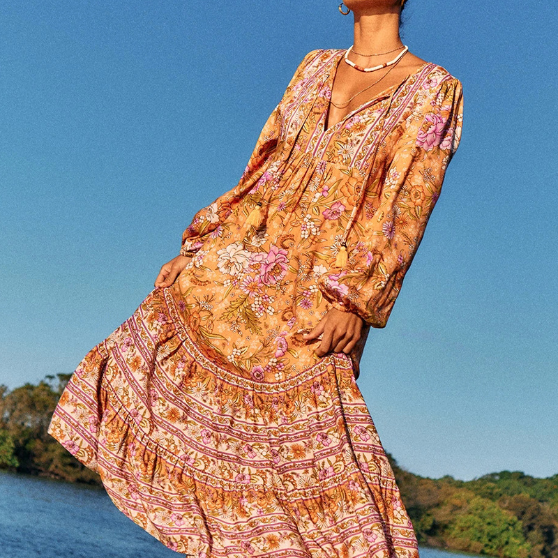 Vestido vintage Print Autumn Beach Elegant ruffled print Wooden Ear U-Neck long sleeve Dress Women boho dress 2022 New Arrivals