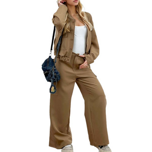 Custom Factory Fall Lady Sweatsuit Women Long-Sleeved Shirt Cargo Wide Legs Pants Loose Zipped Big Pockets Coord 2 Piece Sets