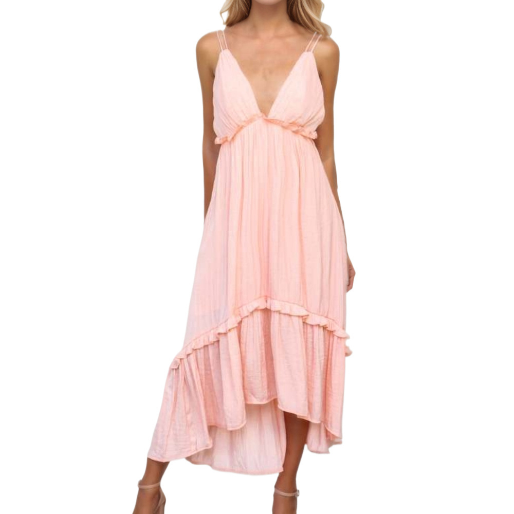 Custom Elegant Women's Maxi Dress Latest Evening Dress with Deep V-Neck Backless Ruffle Sexy Spring Chiffon with Solid Pattern