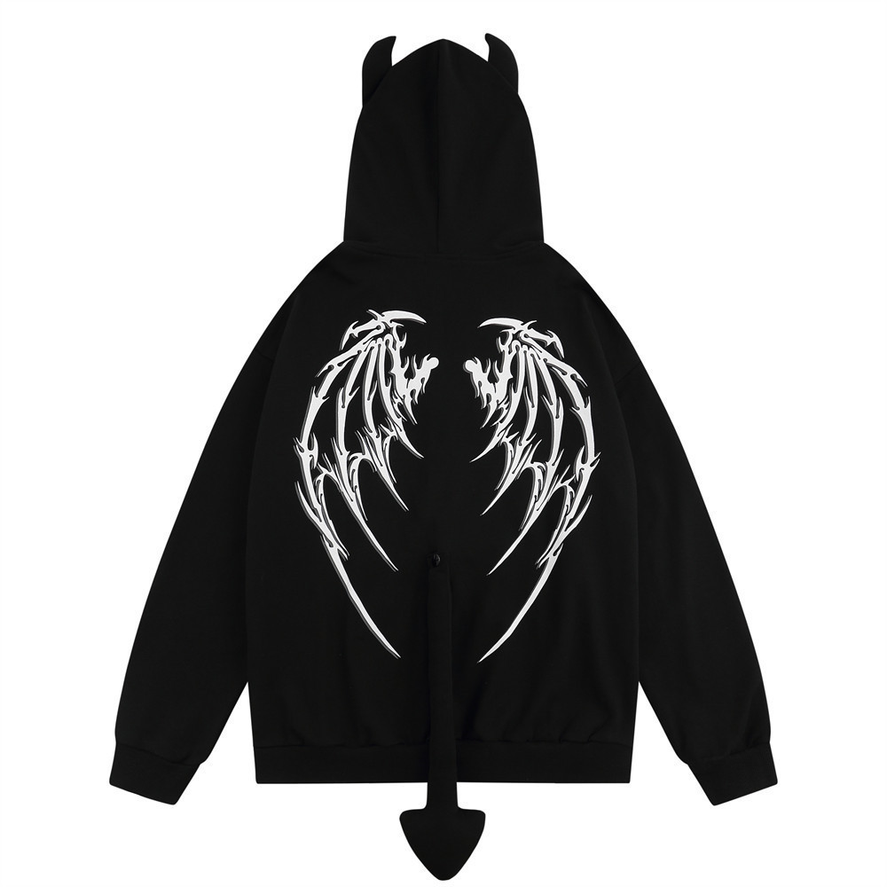 Wholesale Custom Vintage Wings Skeleton Hoodie Zip Up Demon Halloween Hoodie Screen Print Logo Streetwear Devil Horn Hoodie