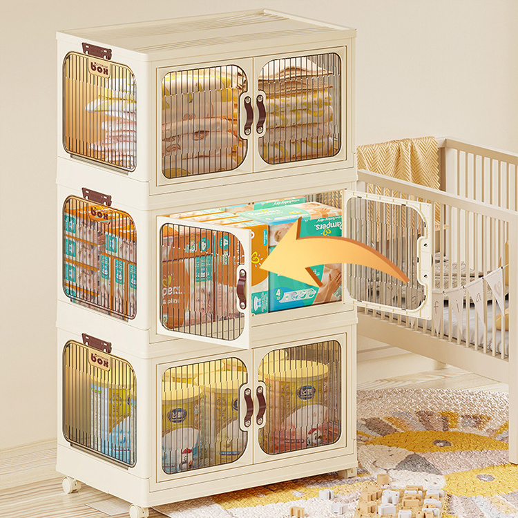 Bedroom Plastic Clear Collapsible Foldable Stackable Side Open Transparent Cloth Cabinet Closet Storage Organizer Box Bin Drawer