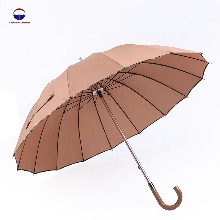 Custom strong windproof 16 panel wooden handle straight beige umbrella for wholesale