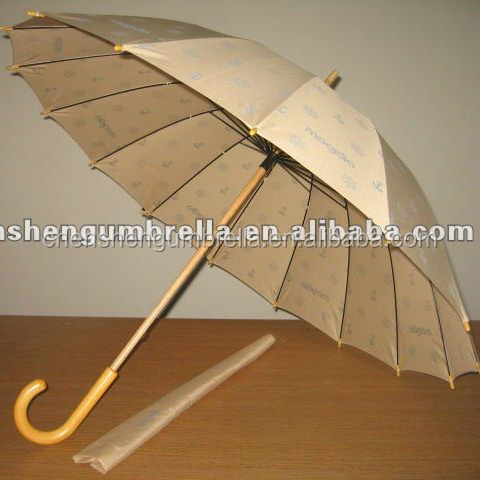 Custom strong windproof 16 panel wooden handle straight beige umbrella for wholesale