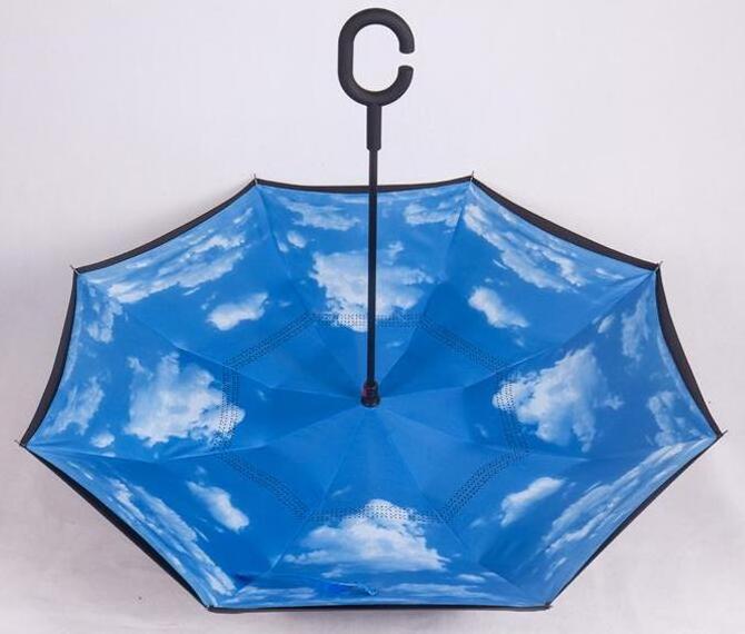 Inside full print double layer manual open reverse inverted C handle umbrella for car