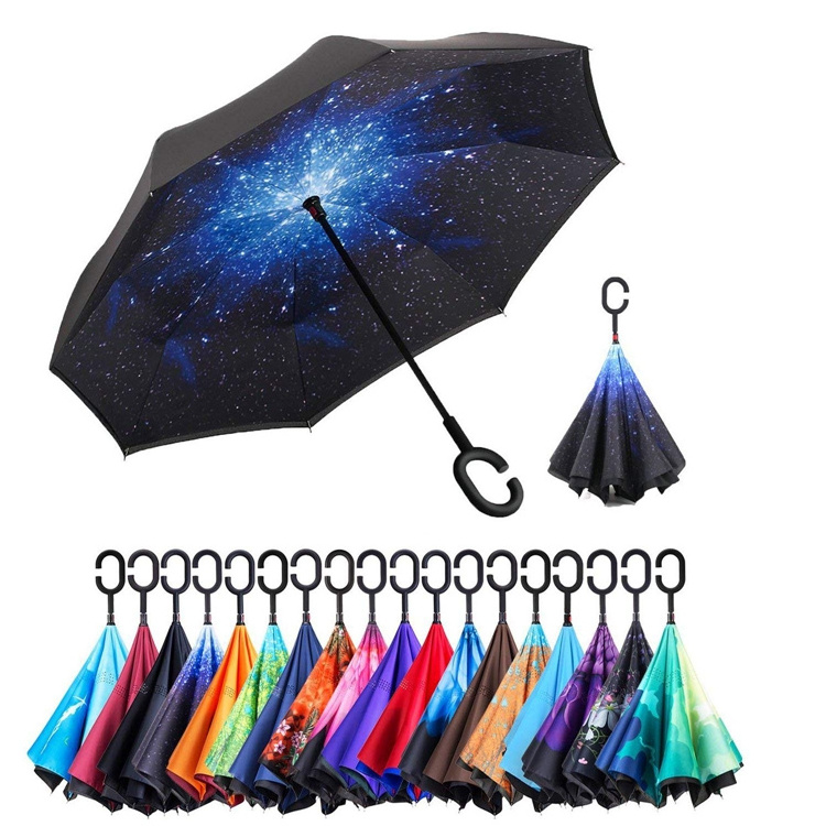 Chinese factory creative design double layer c hook handle manual open anti uv inverted reverse folding umbrella