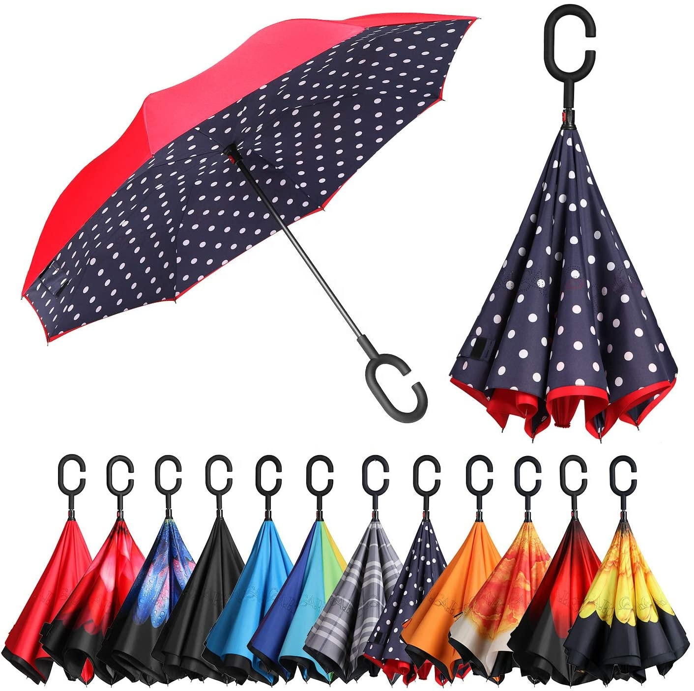 Wholesale Reverse Umbrella Inverted Umbrella Double Layers C Handle Manual open Umbrella for Car Custom Design Logo Printing