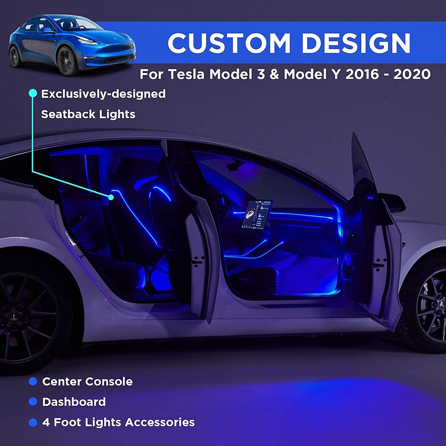 Nestour 2016-2020 Model 3 Y Interior Car ambient Lights (Center Console+Dashboard+Seat Back+4 Foot Lights) customization