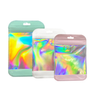 colors holographic packaging bags OEM zip lock packaging clear plastic bag hologram pink green white zipper pouch