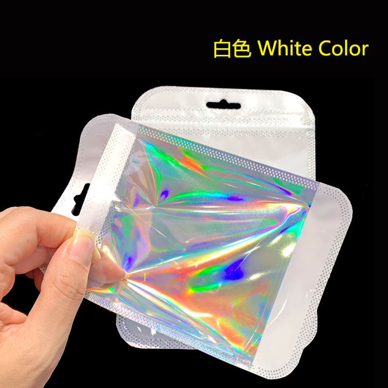 colors holographic packaging bags OEM zip lock packaging clear plastic bag hologram pink green white zipper pouch