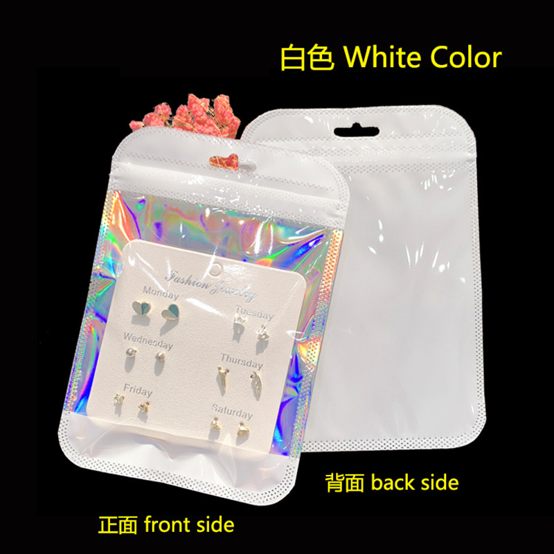 colors holographic packaging bags OEM zip lock packaging clear plastic bag hologram pink green white zipper pouch