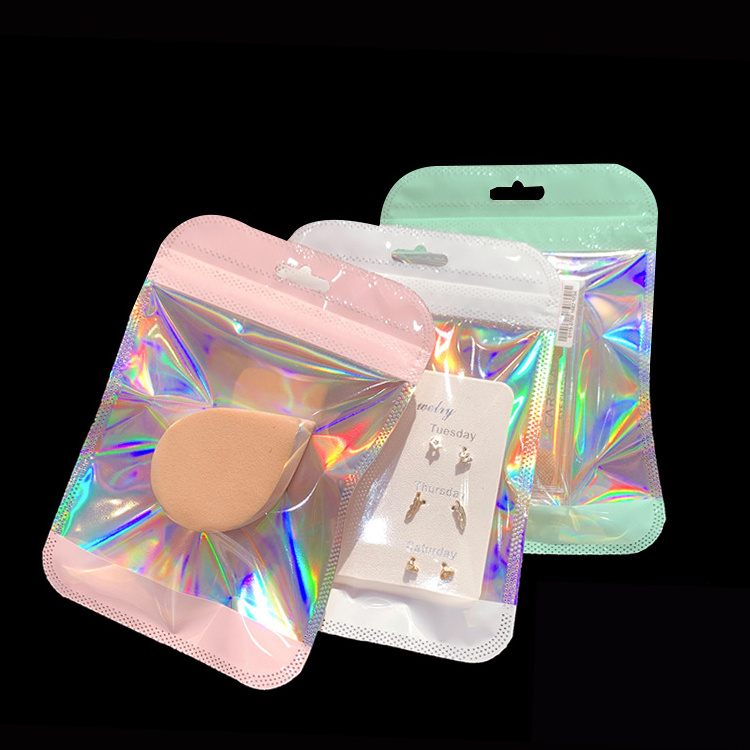 colors holographic packaging bags OEM zip lock packaging clear plastic bag hologram pink green white zipper pouch