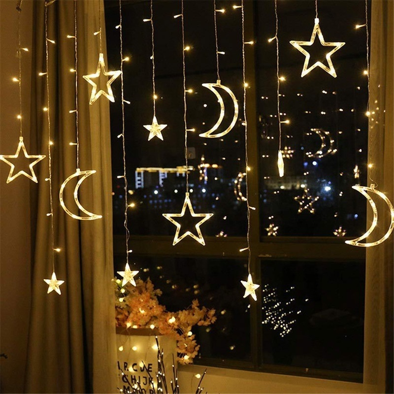 Moon Star LED Curtain fairy Light String Xmas Window Ornament Garland Merry Christmas Decor For Home 2023New Year Supply