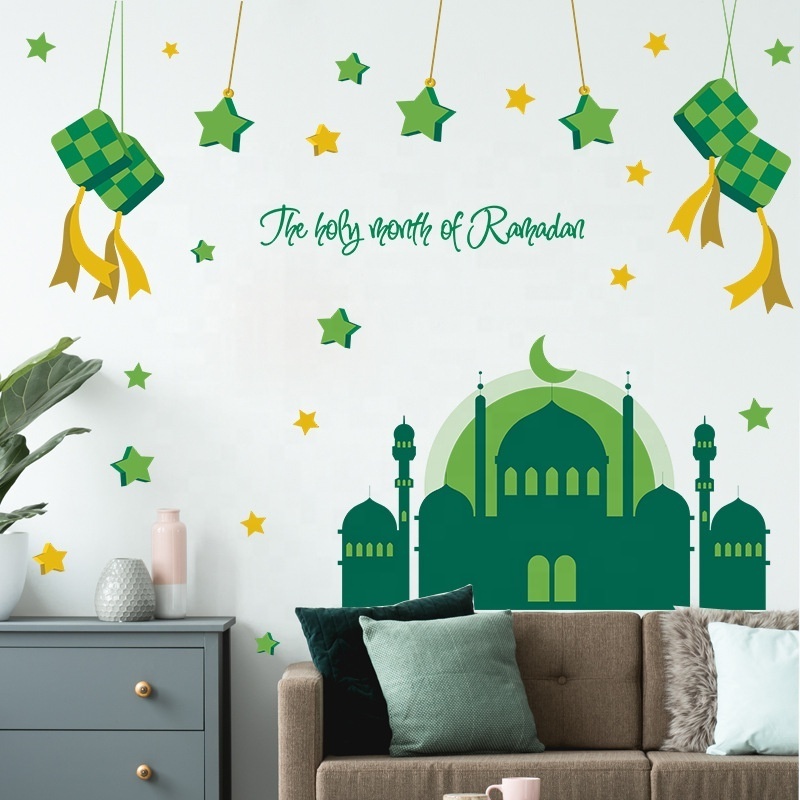 Ramadan Decoration Wall Stickers Eid Mubarak Decor Green Castle Kareem Islamic Window Stickers Muslim Mural Wall Decals