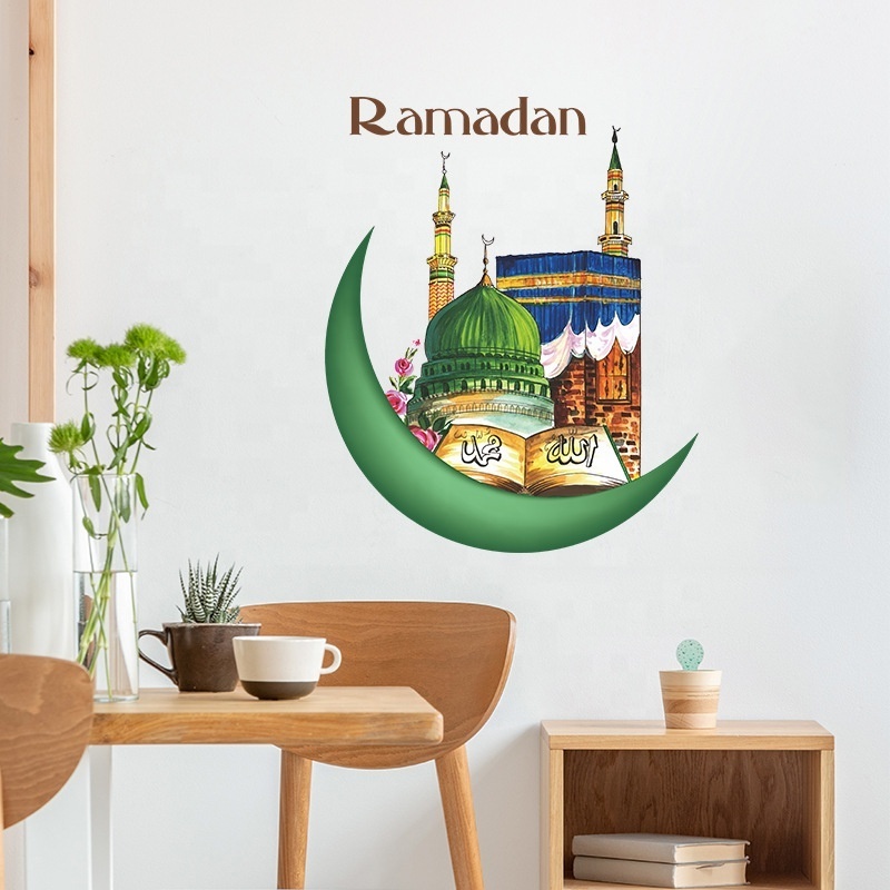 2023 Ramadan Decoration Wall Stickers Eid Mubarak Decor Green Castle Kareem Islamic Window Stickers 3D Vinyl Ramadan Wall Decals