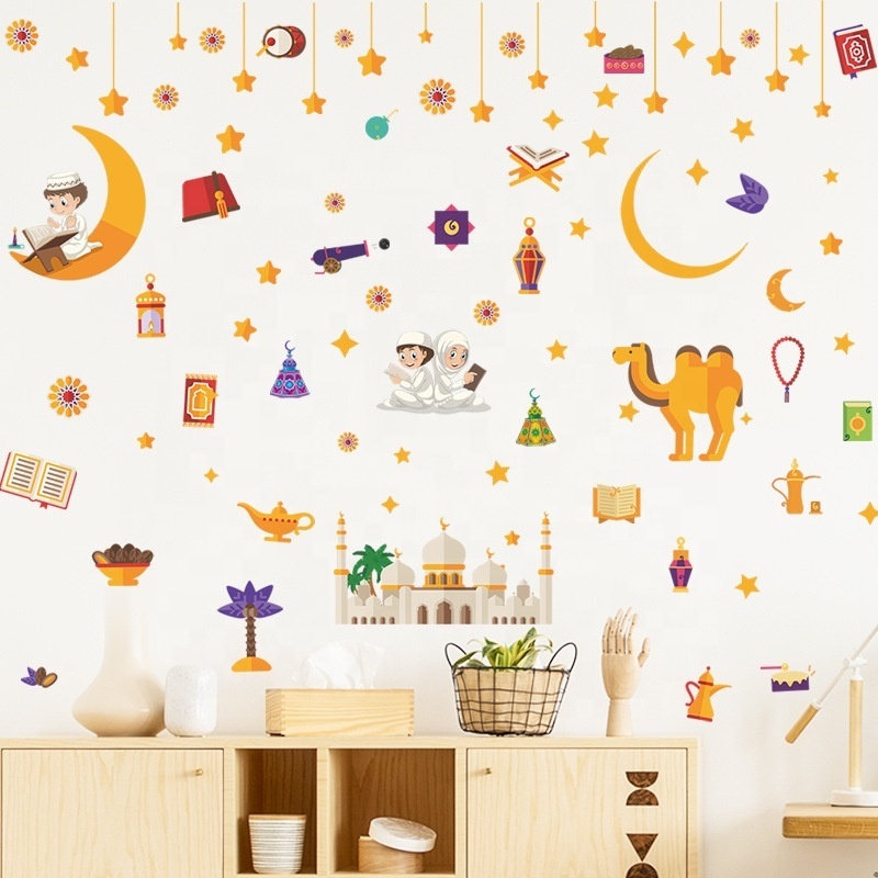 Eid Mubarak Wall Stickers 4 Sheets Moon Star Castle Camel Window Sticker  For Islamic Muslim Ramadan Party Living Room