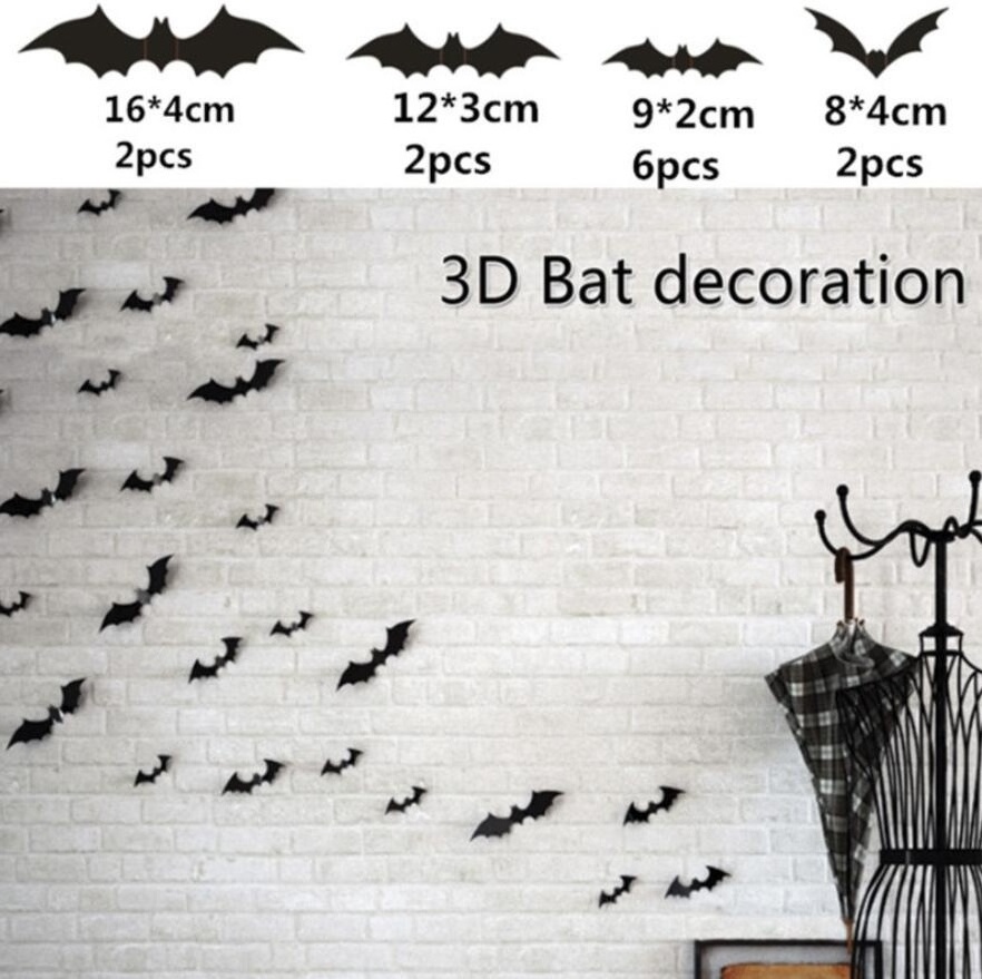 12Pcs Black PVC 3D Scary Bats Wall Decal Wall Sticker  Halloween Party Supplies Halloween Home Window Sticker Decoration Set