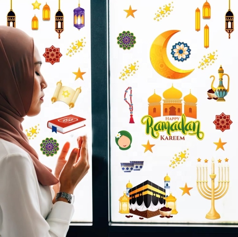 20x30cm 8 Sheets  Ramadan Kareem Window Stickers Lantern Moon Window Stickers For Home Office Glass Eid Party Decorations