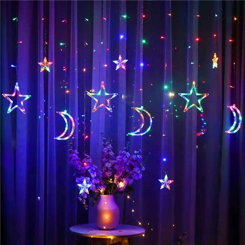 Moon Star LED Curtain fairy Light String Xmas Window Ornament Garland Merry Christmas Decor For Home 2023New Year Supply