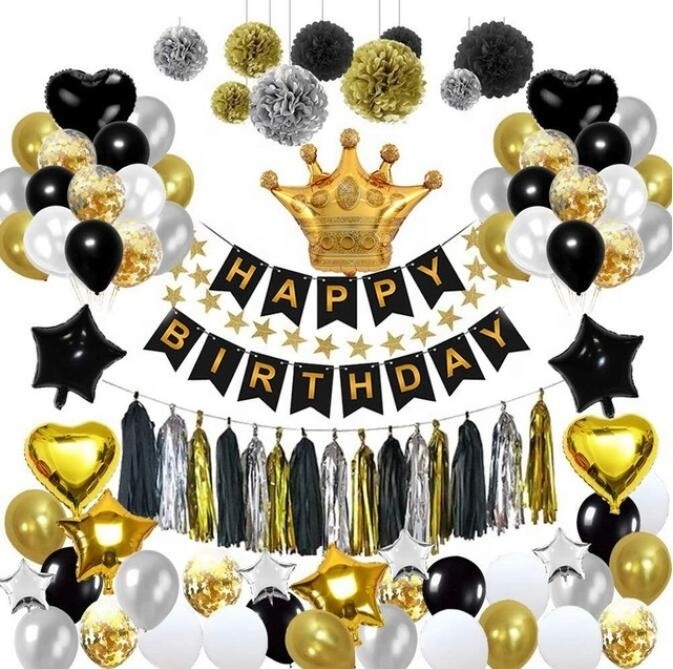 Birthday Party Decoration Kit Happy Birthday Confetti Balloons With Paper Pom Pom Black Gold For 18th 21st 30th 40th Birthday