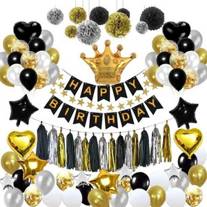 Birthday Party Decoration Kit Happy Birthday Confetti Balloons With Paper Pom Pom Black Gold For 18th 21st 30th 40th Birthday