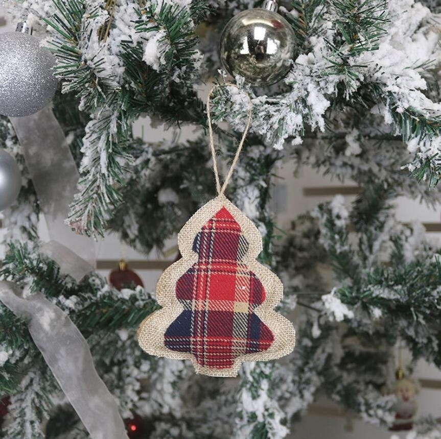 Unique Mini Christmas Tree Ornaments Christmas Decorations Small Red Plaid Christmas Stockings Ball Tree Bell Hanging Pendant