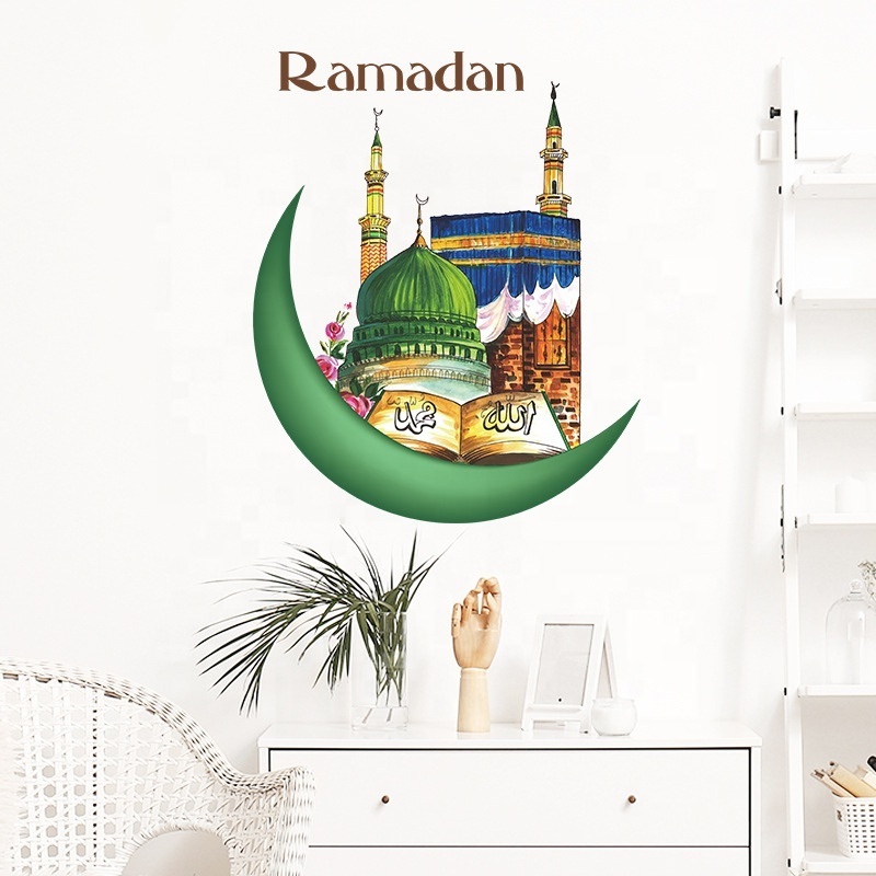 2023 Ramadan Decoration Wall Stickers Eid Mubarak Decor Green Castle Kareem Islamic Window Stickers 3D Vinyl Ramadan Wall Decals